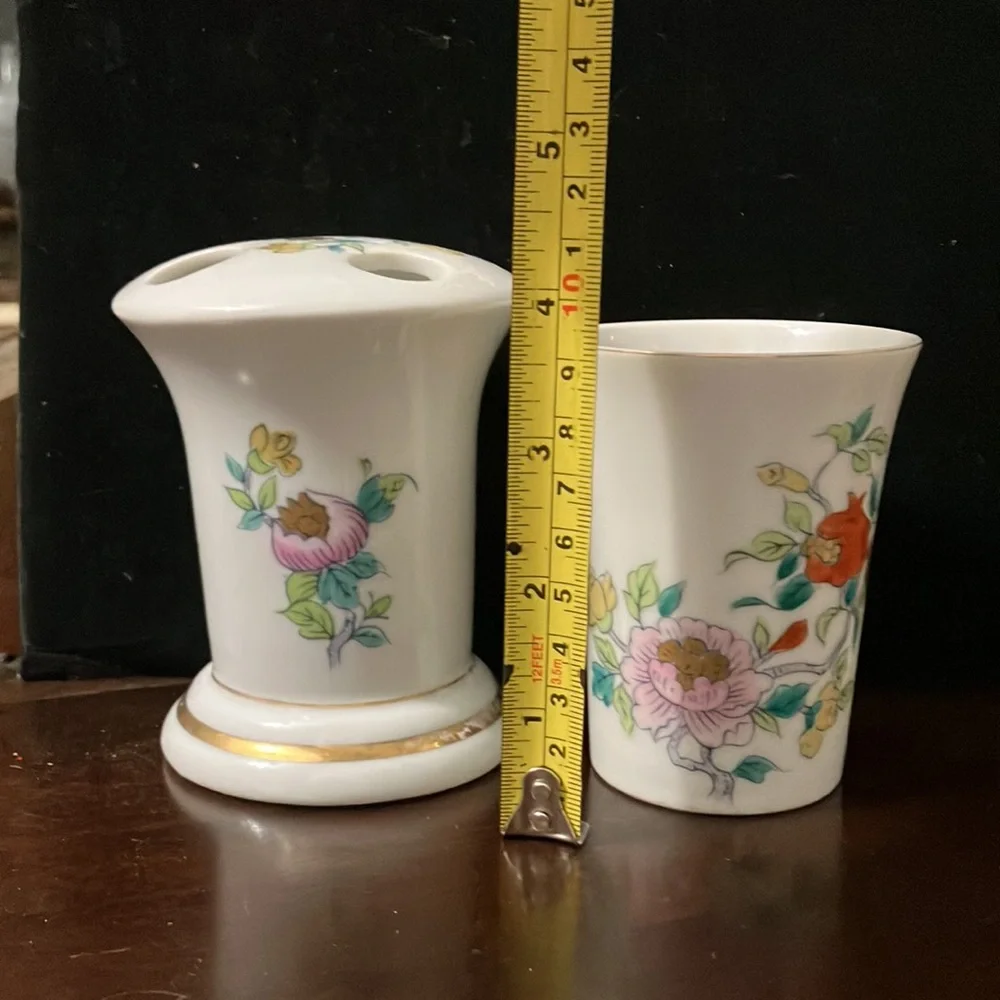 Vintage Porcelain Andrea by Sadek Asian Style Floral Toothbrush Holder & Cup